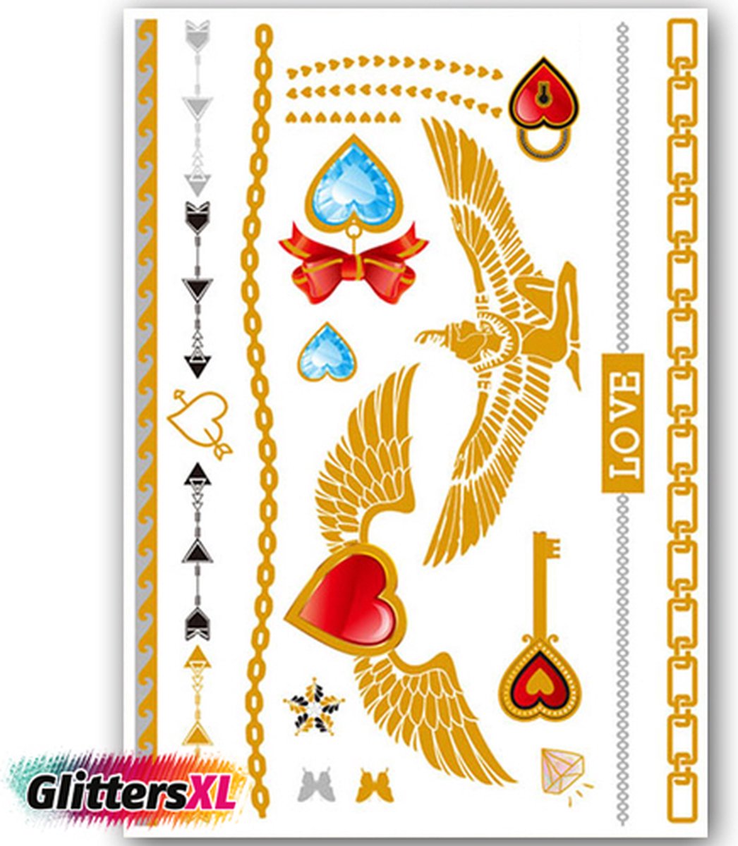 GlittersXL - Temporary Tattoo Goud/Gold (11x6cm) [Neptattoo Ibiza Turquoise - Tijdelijke tatoeage - Nep Fake Tattoos - Water overdraagbare festival sticker henna outfit tattoo - Glitter tattoo - Volwassenen Kinderen Jongen Meisje]